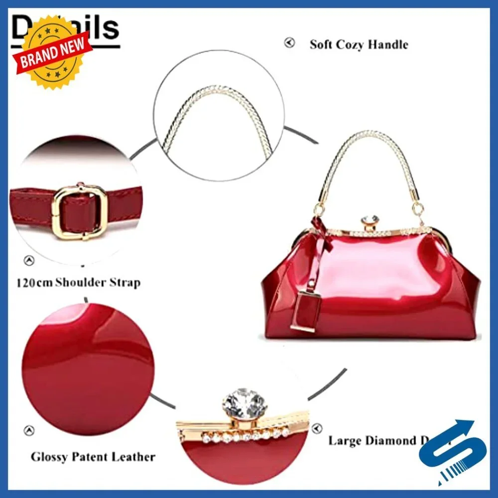 Crystal Glossy Patent Leather Tote Evening Handbag Crossbody Shoulder Bag